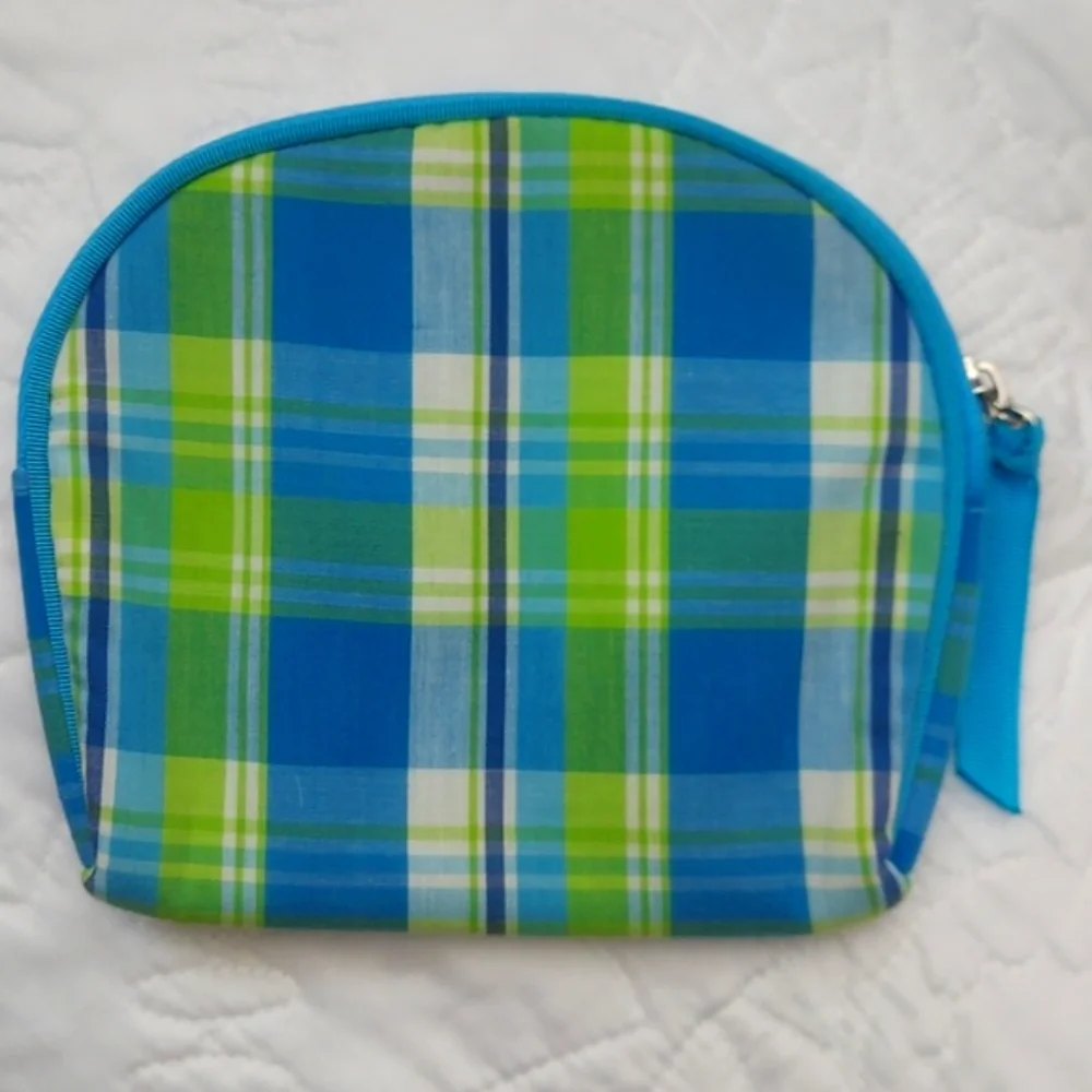 Soho London-New York Blue, Green & White Plaid Zip Closure Cosmetic Bag Like New